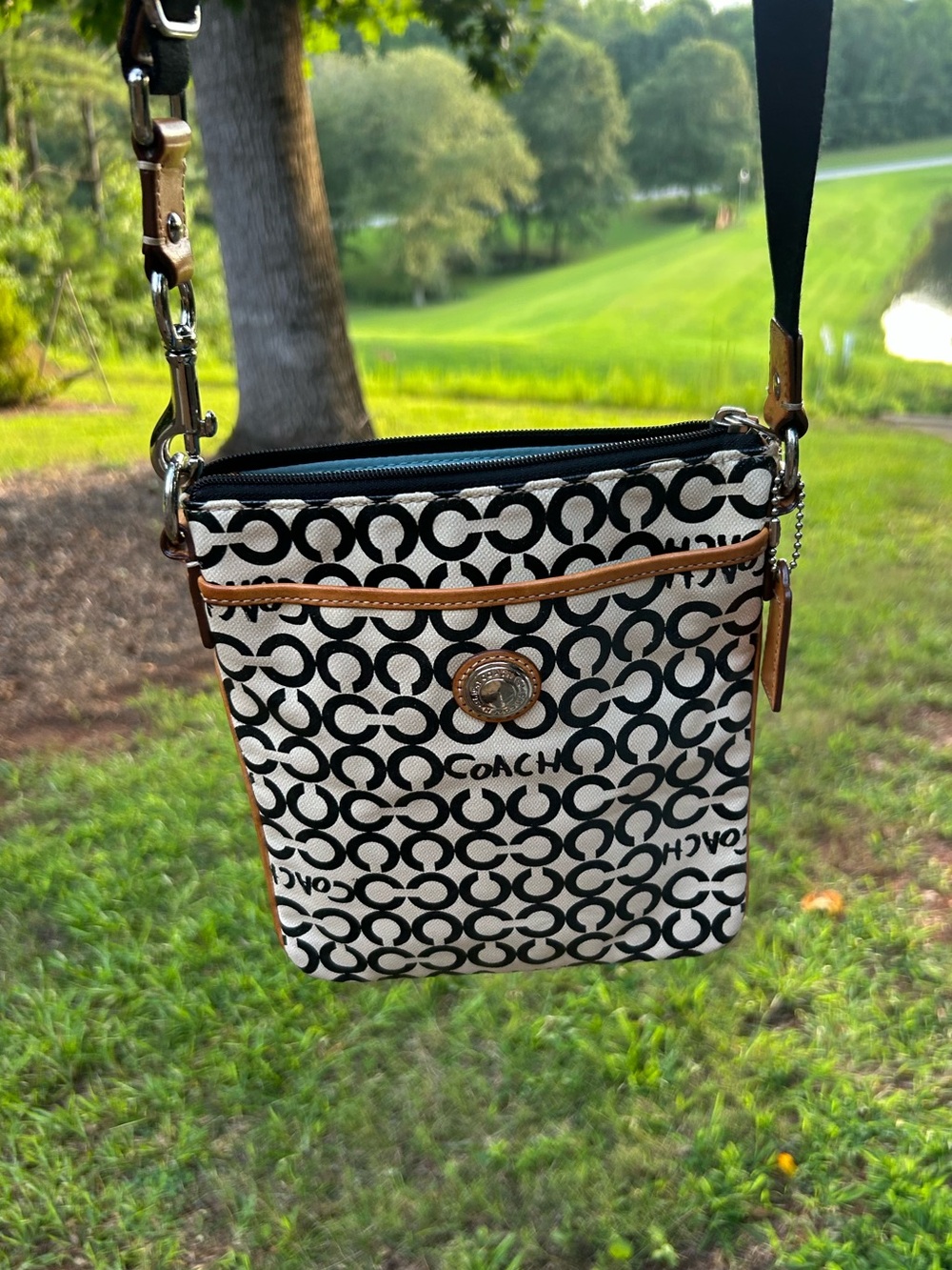 Coach Signature File Crossbody Bag White Black Canvas Leather Trim Style 42420